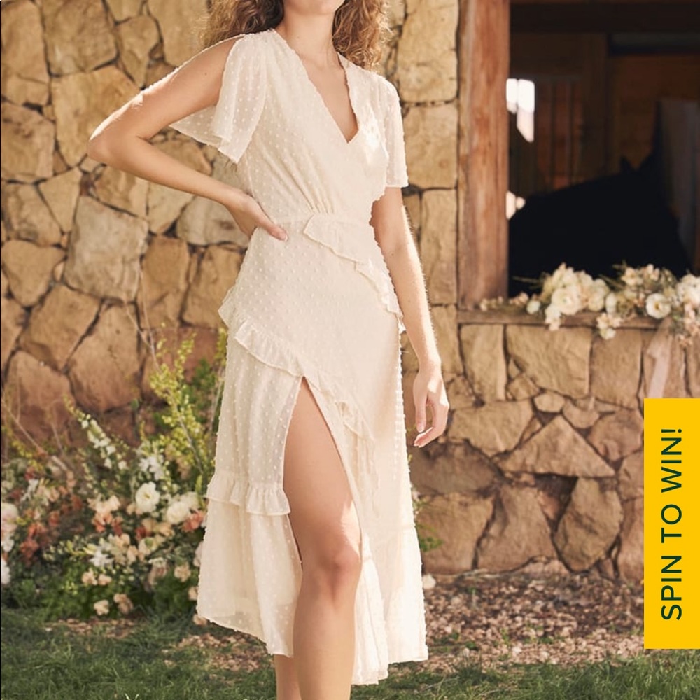 NWT Lulu’s Next to You Cream Swiss Dot Ruffled Midi Dress